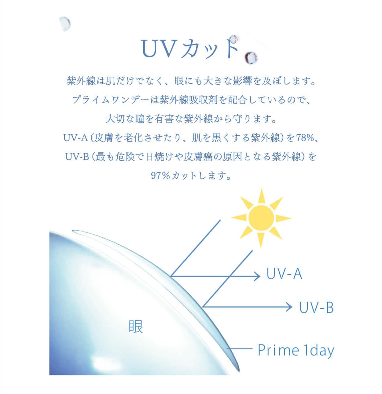 １日使い捨て高含水コンタクトレンズPrime 1day（プライムワンデー）うるおい成分「MPC ポリマー」が潤いのヴェールとなり、乾燥感の軽減が期待でき、レンズに紫外線吸収剤を配合し、眼に有害な紫外線（UV-Aを78％、UV-Bを97％ ※-3.00Dの場合）をカット。