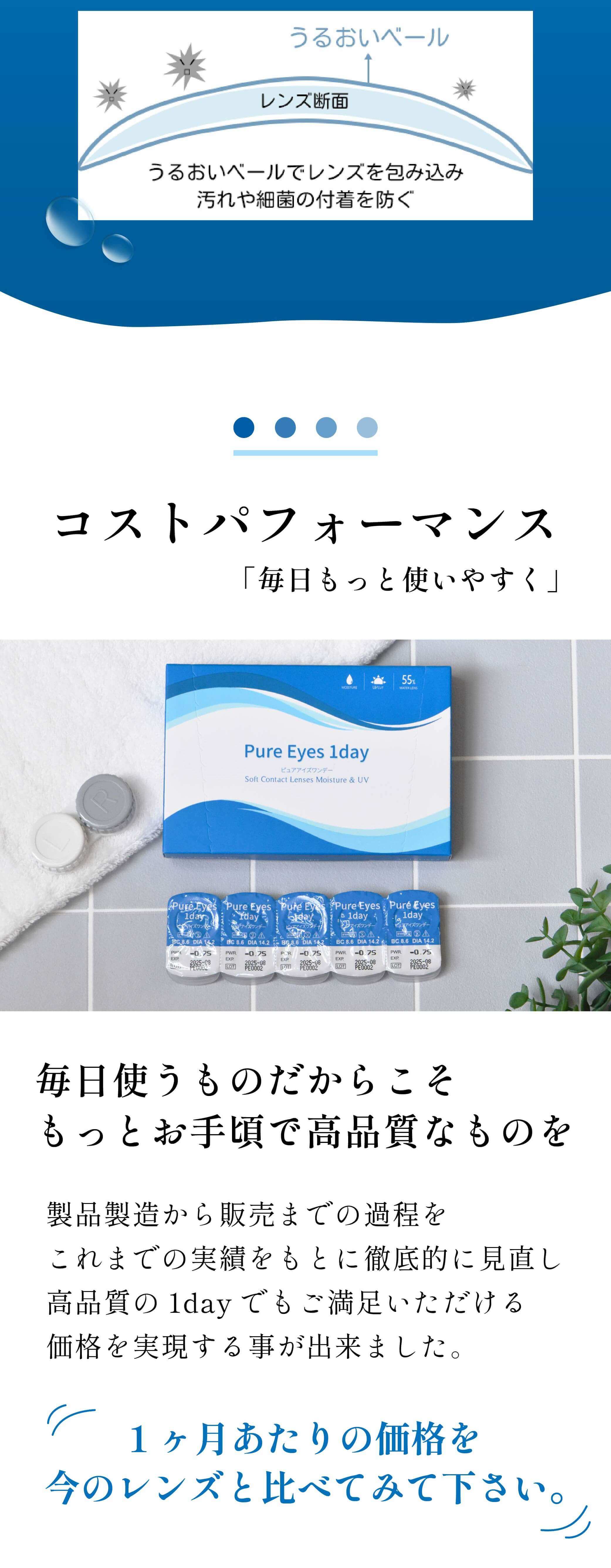 Pure Eyes 1day　（ピュアアイズワンデー）は毎日コンタクトレンズを使う人におすすめ。毎日使うからお手頃で高品質なものを提供します。