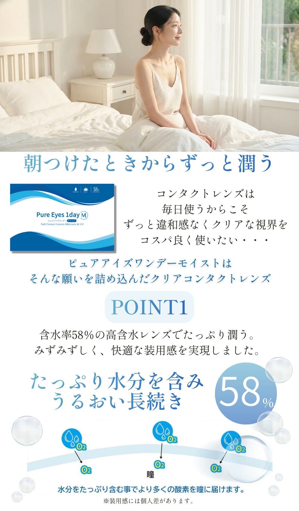 Pure Eyes 1dayM（ピュアアイズワンデーM）はやわらかさ・酸素・水分量がベストバランス素材で含水率55％の高含水率。
